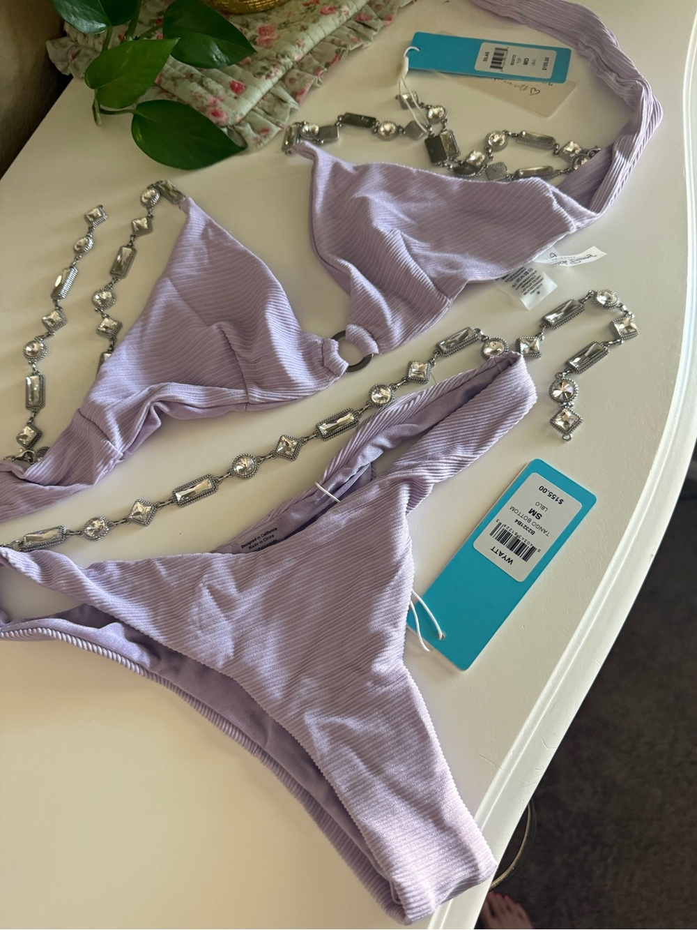 Lilac Ribbed Triangle Bikini Set with Decorative Chain - Picture 2 of 5
